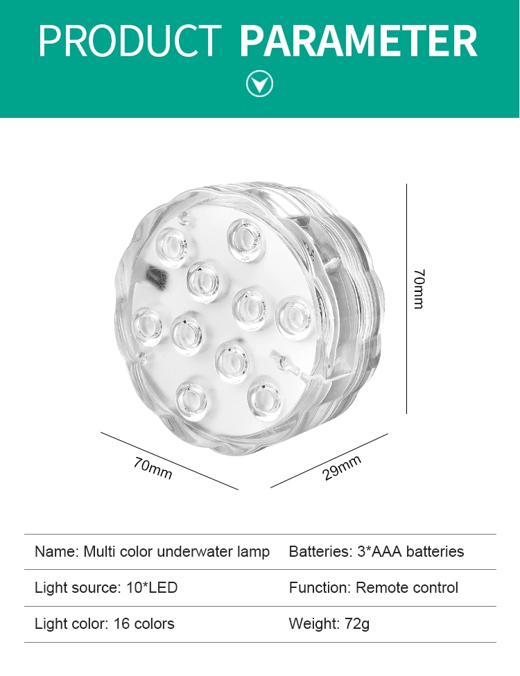 10 LEDs Remote Control Waterproof IP68 RGB Submersible Pool Light